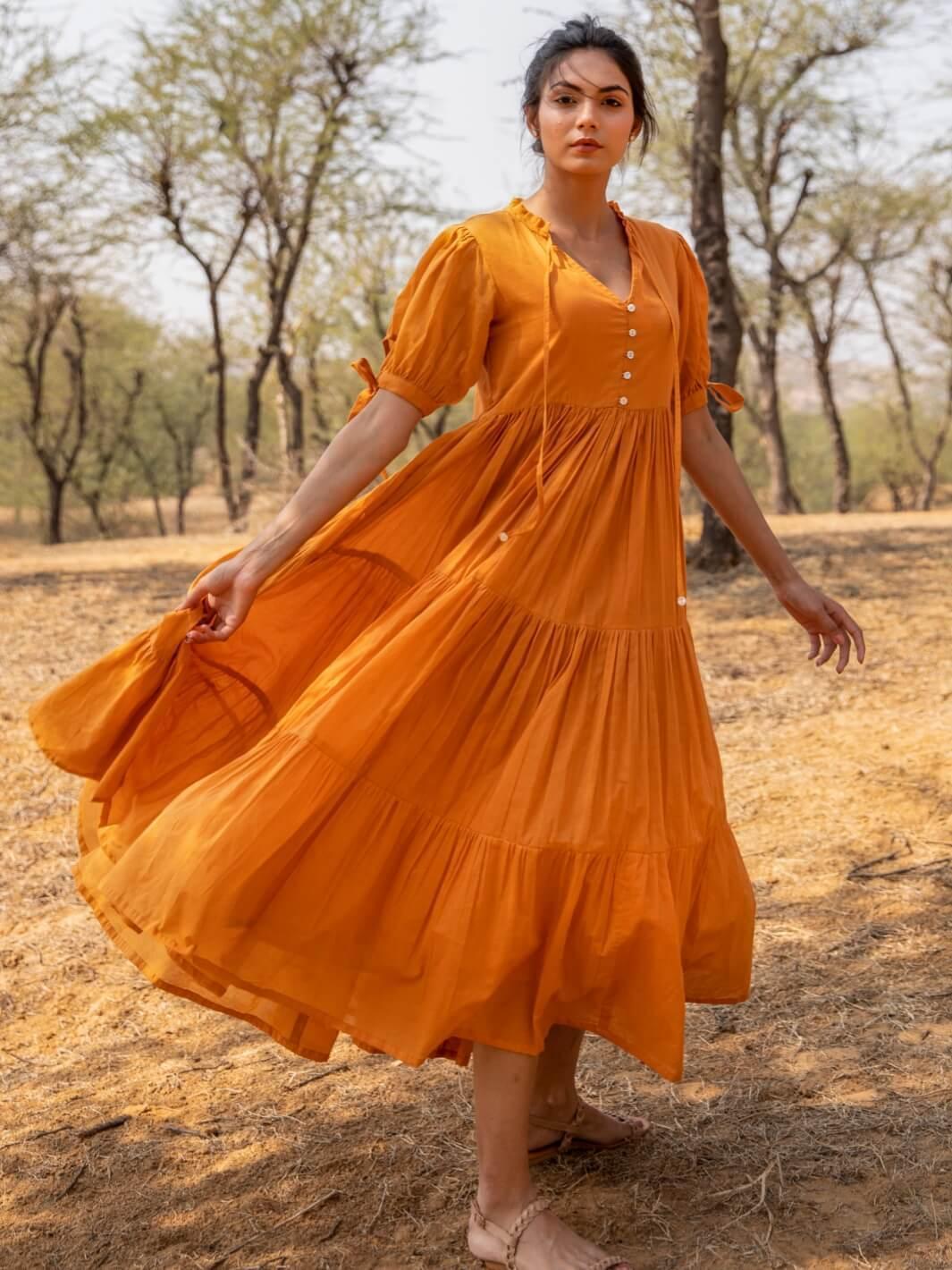 Tangerine Flared Cotton Voile Maxi Dress