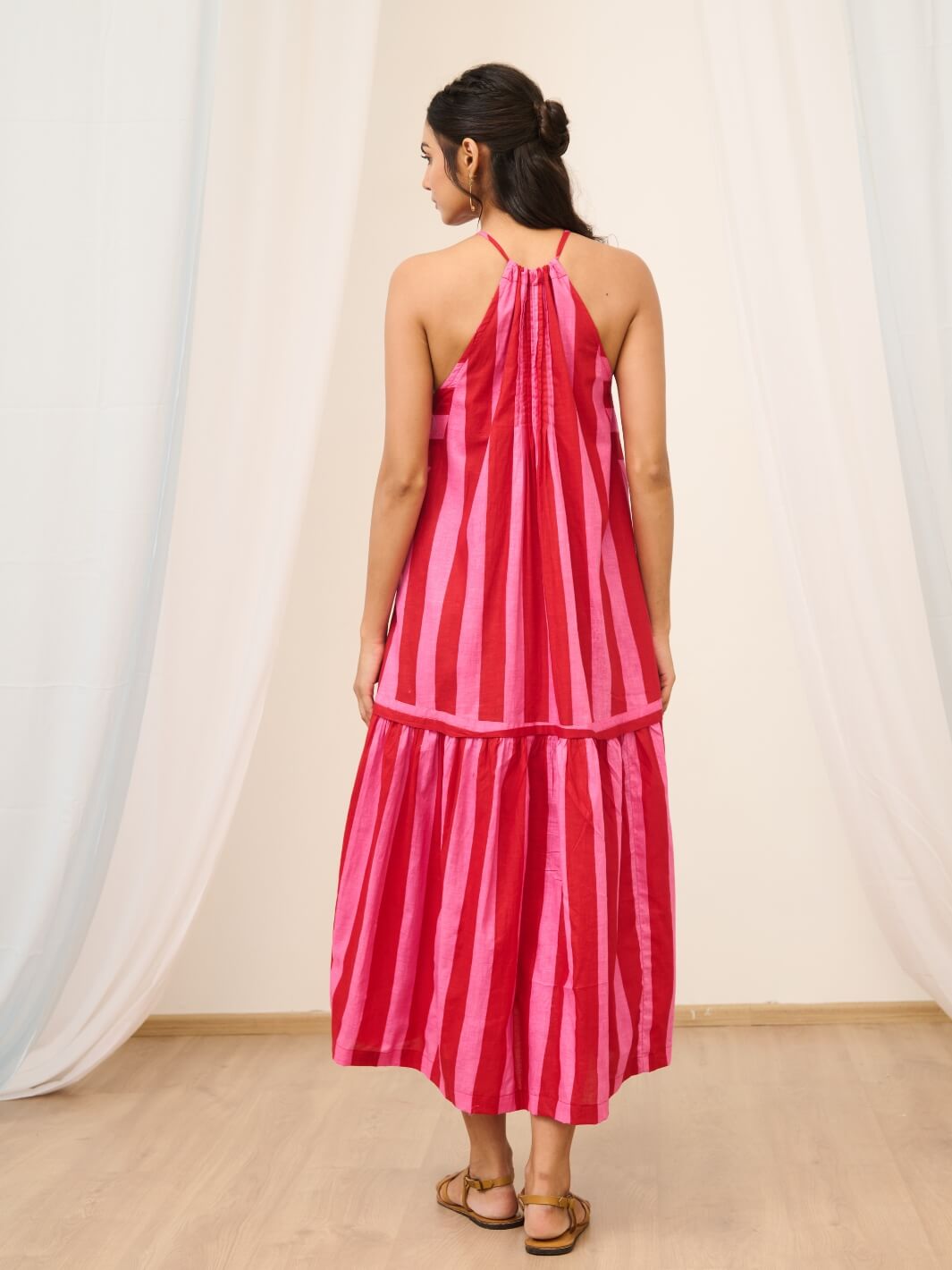 Pink & Red Printed Sleeveless Maxi Dress with Pintuck detail