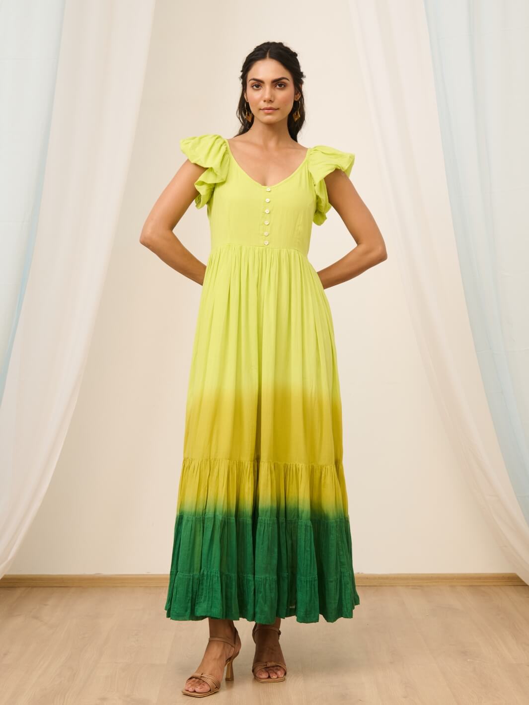 Lime Green Cotton Voile Ombre Flared Maxi Dress