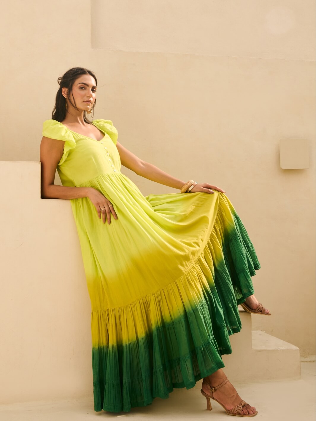 Lime Green Cotton Voile Ombre Flared Maxi Dress