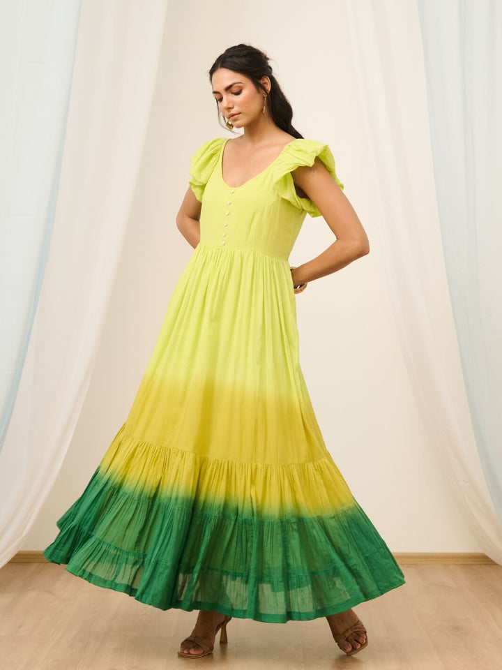 Lime Green Cotton Voile Ombre Flared Maxi Dress