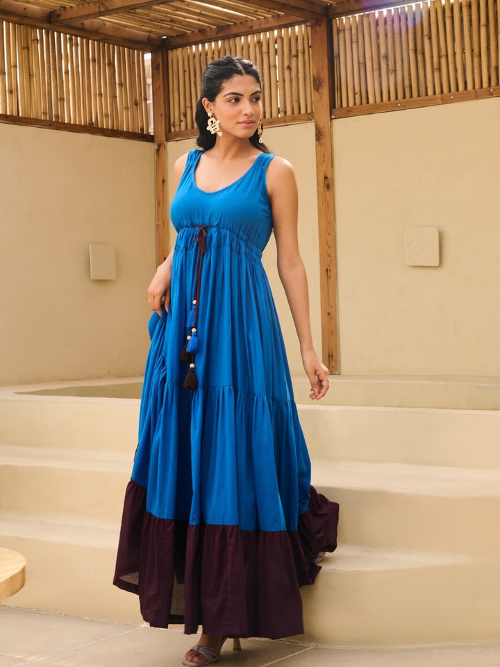 Blue Cotton Voile Sleeveless Flared Maxi Dress