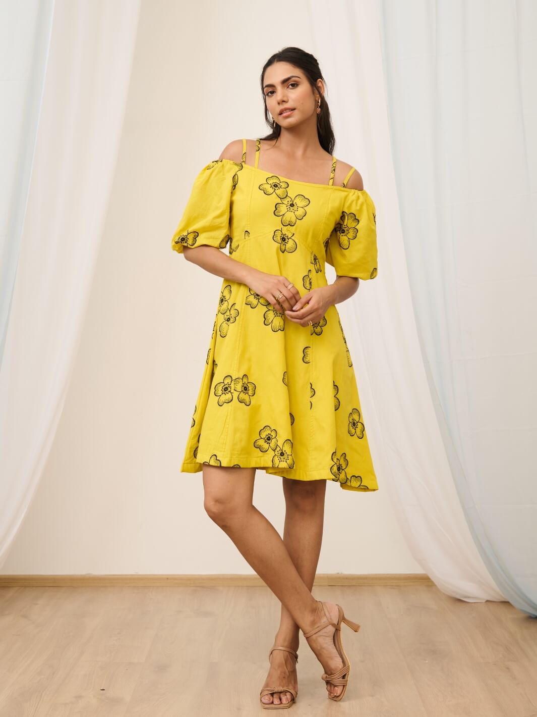 Yellow Cold Shoulder Short Embroidered Floral Dress