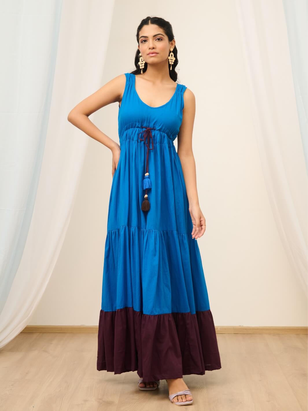 Blue Cotton Voile Sleeveless Flared Maxi Dress