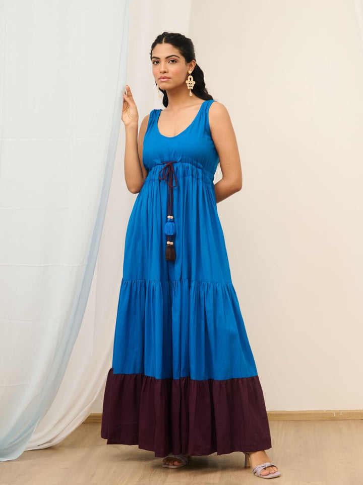 Blue Cotton Voile Sleeveless Flared Maxi Dress