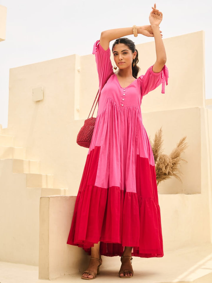 Pink & Red Cotton Voile Flared Maxi with Balloon Sleeves