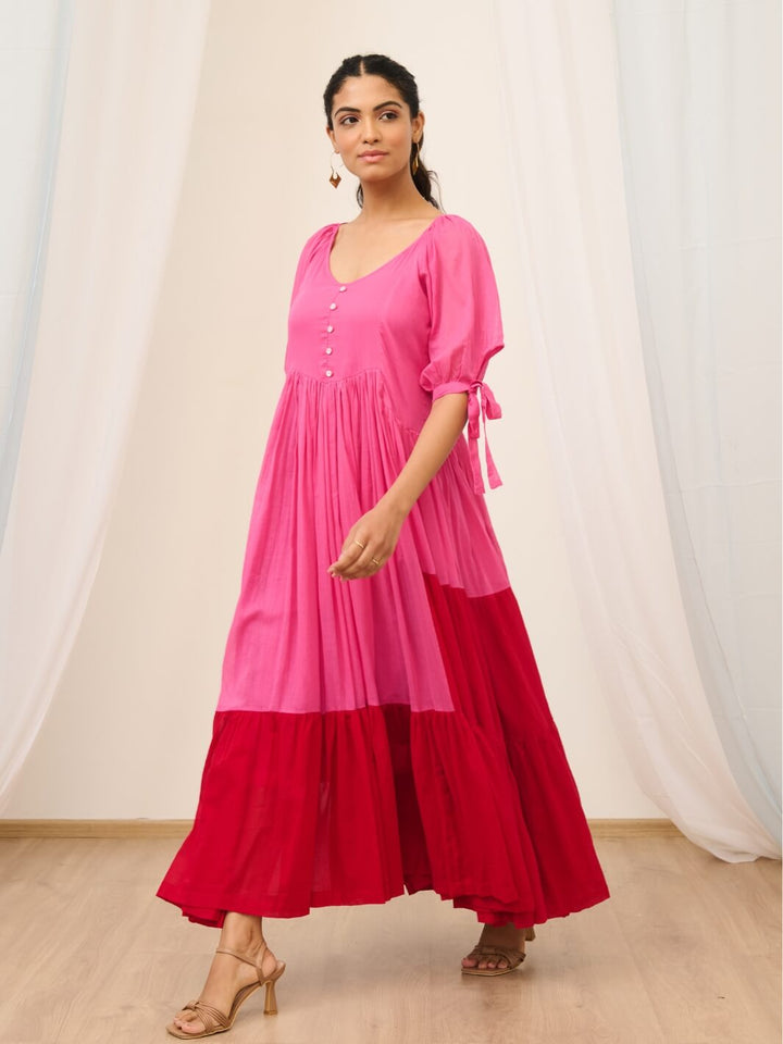 Pink & Red Cotton Voile Flared Maxi with Balloon Sleeves