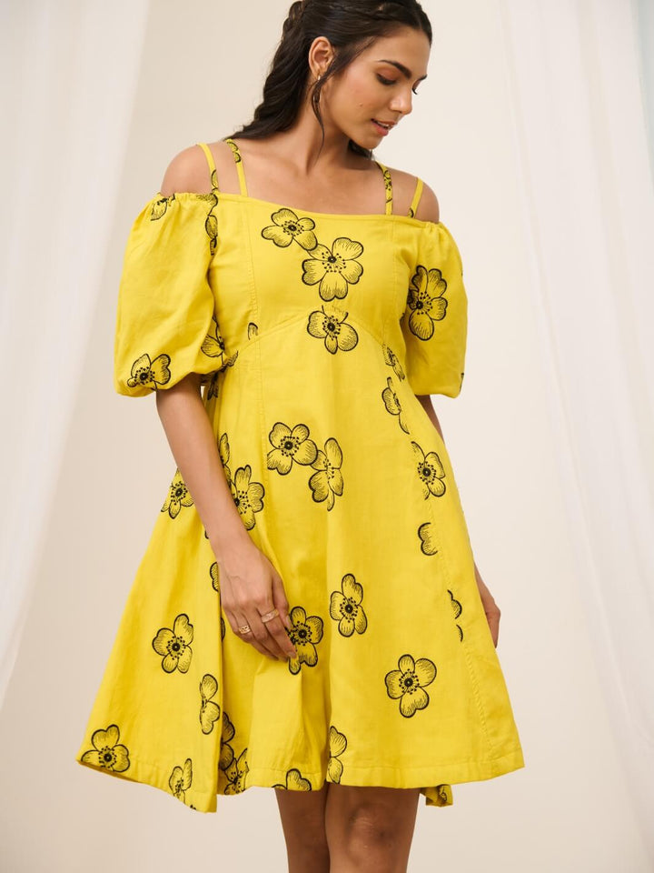 Yellow Cold Shoulder Short Embroidered Floral Dress