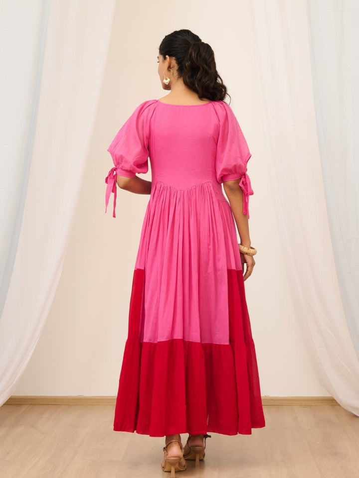 Pink & Red Cotton Voile Flared Maxi with Balloon Sleeves