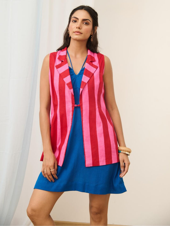 Pink Cotton Printed Sleeveless Jacket with Short Blue Dress