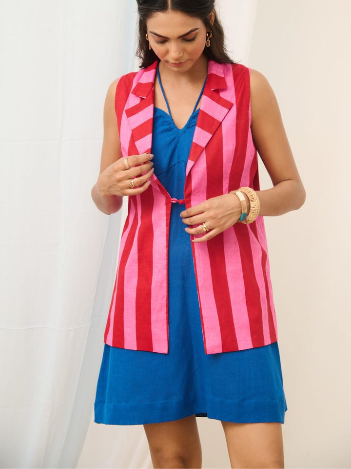 Pink Cotton Printed Sleeveless Jacket with Short Blue Dress