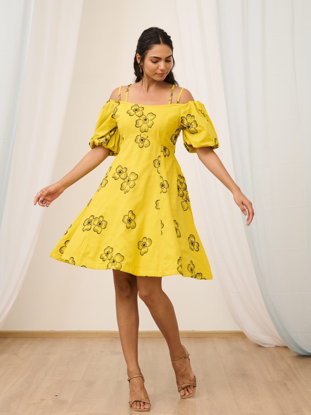 Yellow Cold Shoulder Short Embroidered Floral Dress