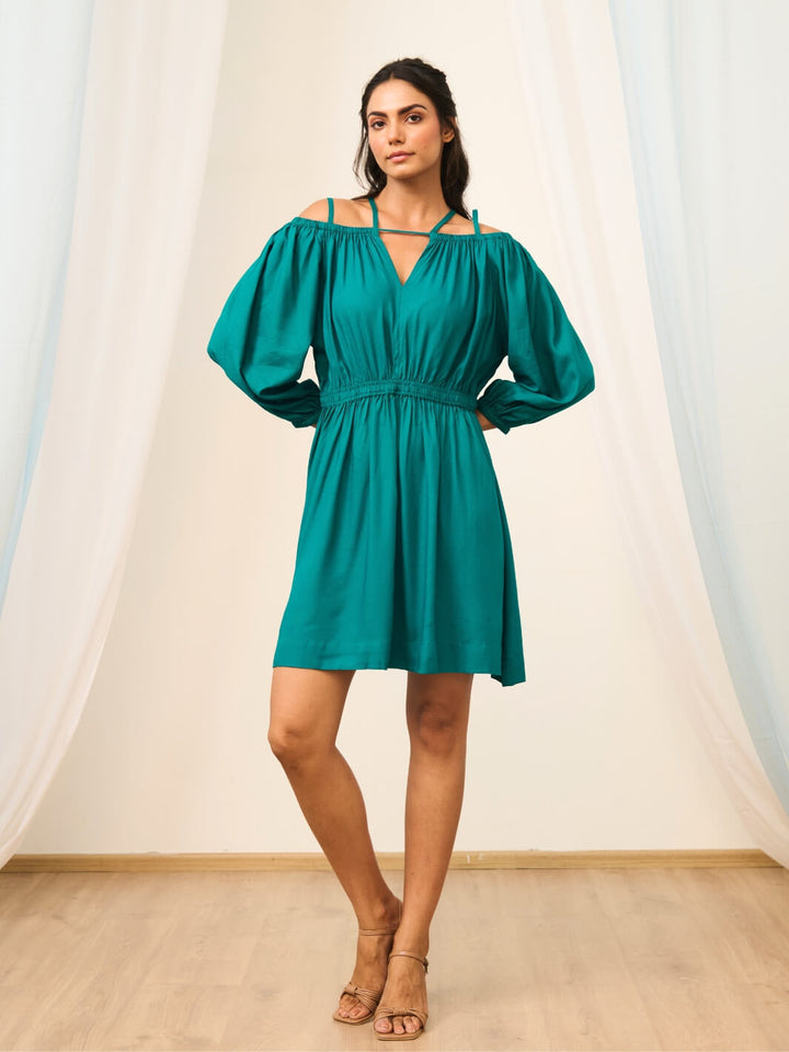 Teal Green Short Cold Shoulder Dress with Balloon Sleeves