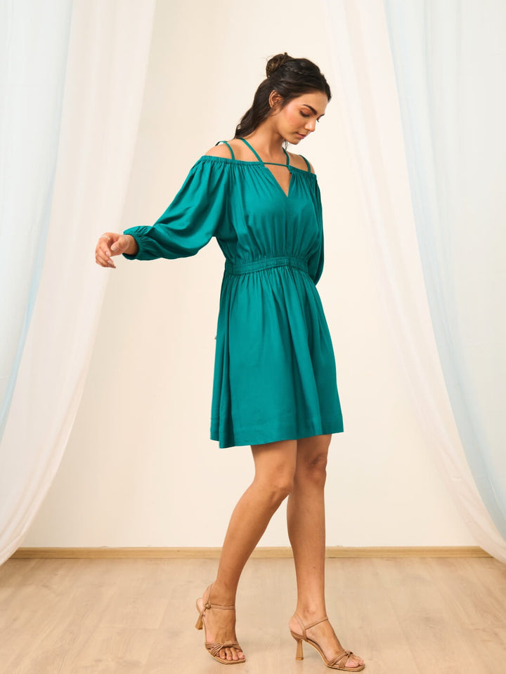 Teal Green Short Cold Shoulder Dress with Balloon Sleeves