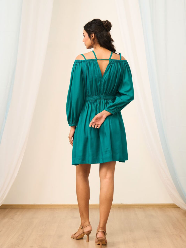 Teal Green Short Cold Shoulder Dress with Balloon Sleeves