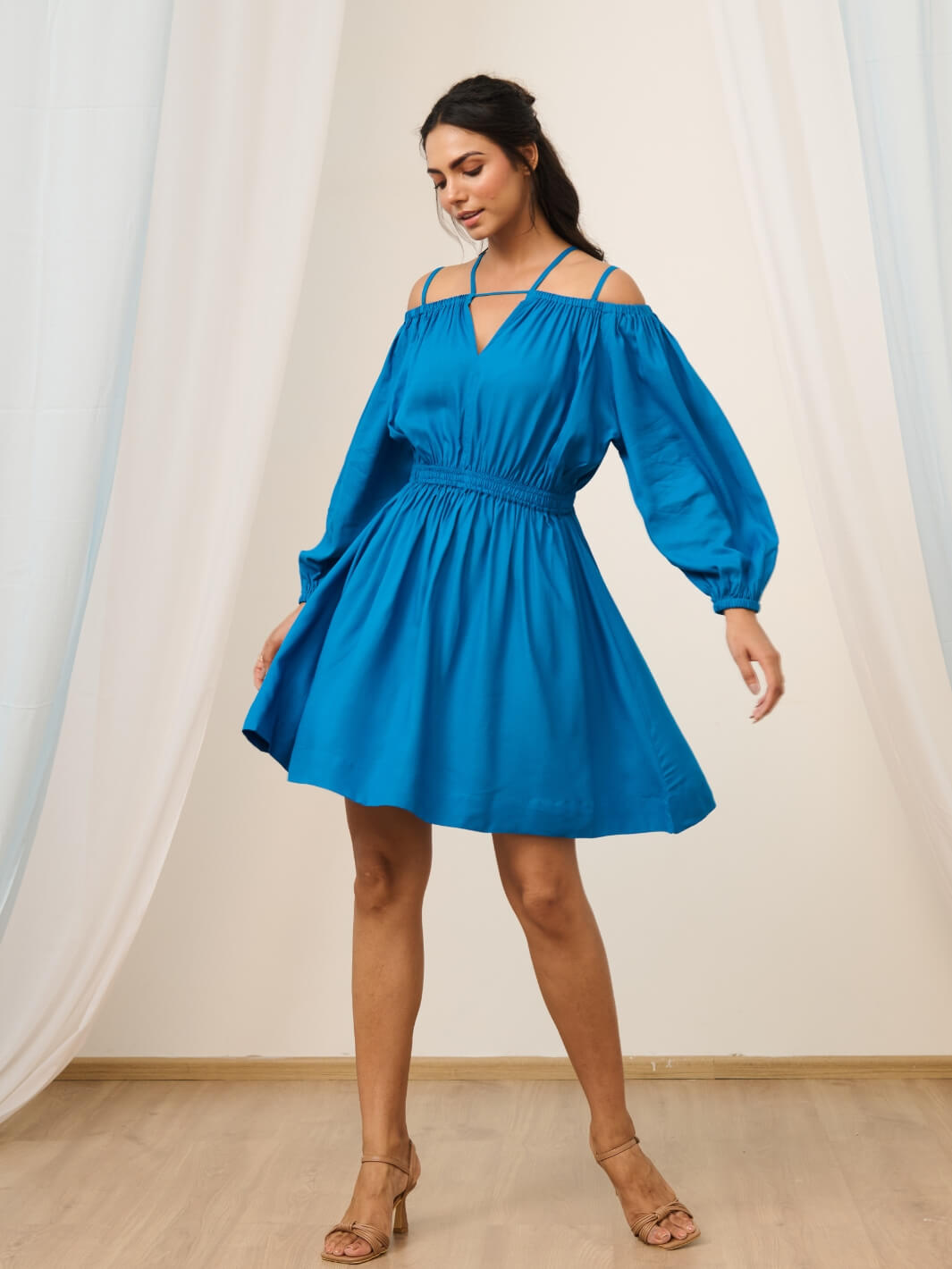 Cobalt Blue Short Cold Shoulder Dress with Balloon Sleeves