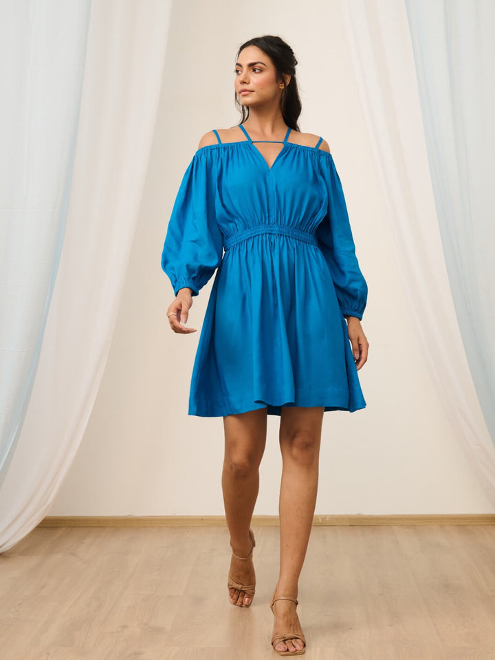 Cobalt Blue Short Cold Shoulder Dress with Balloon Sleeves