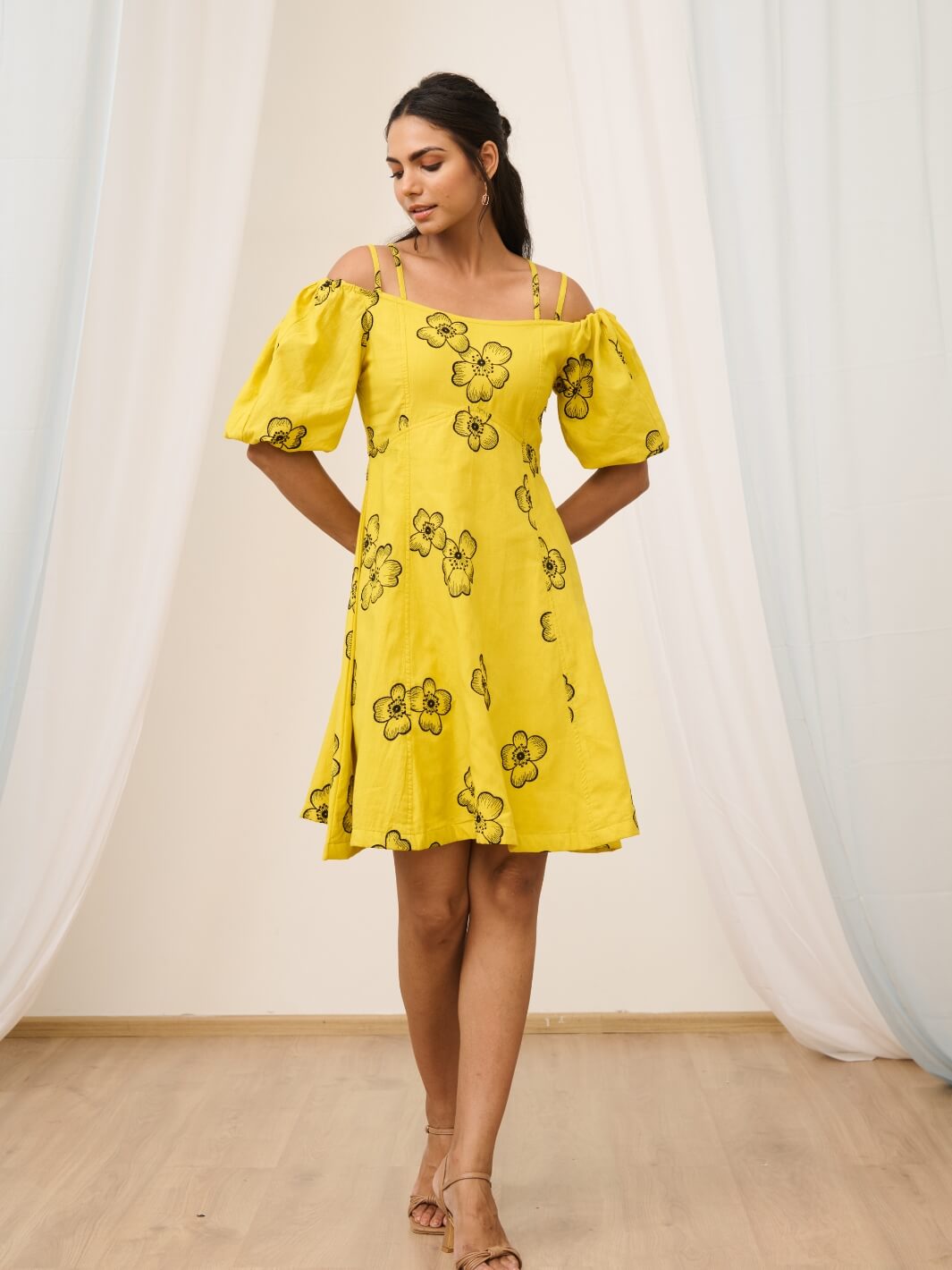 Yellow Cold Shoulder Short Embroidered Floral Dress