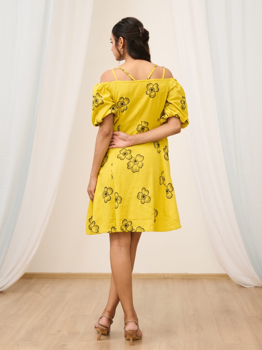 Yellow Cold Shoulder Short Embroidered Floral Dress