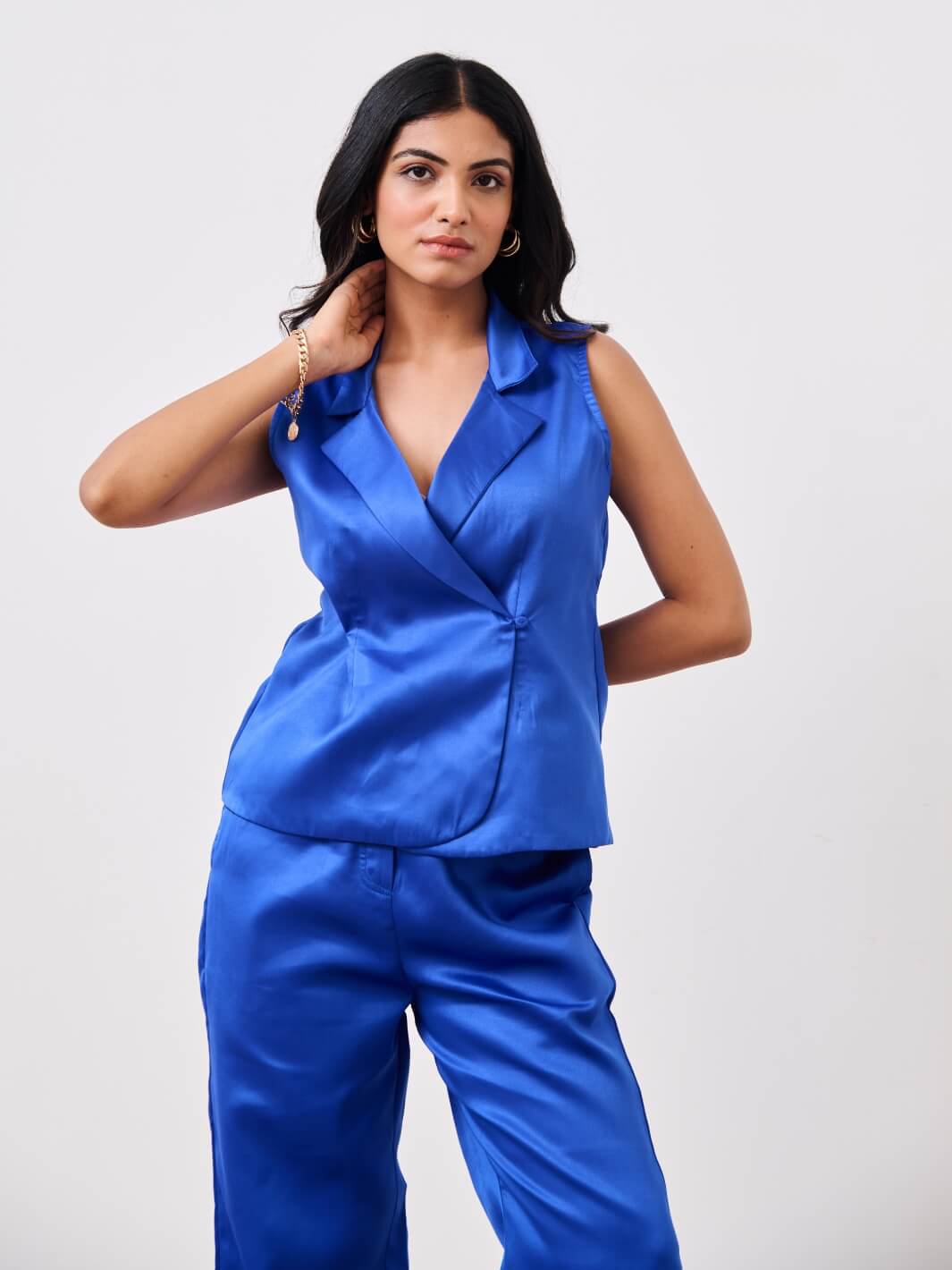 Blue Cotton Satin Sleeveless Evening Co-ord Set