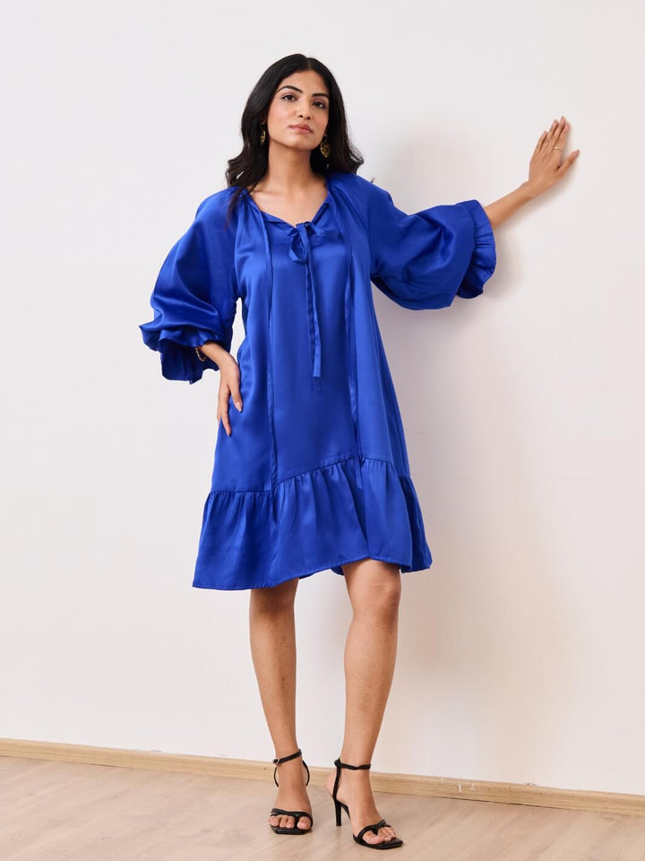 Blue Cotton Satin Short Party Dress with Ruched Sleeves