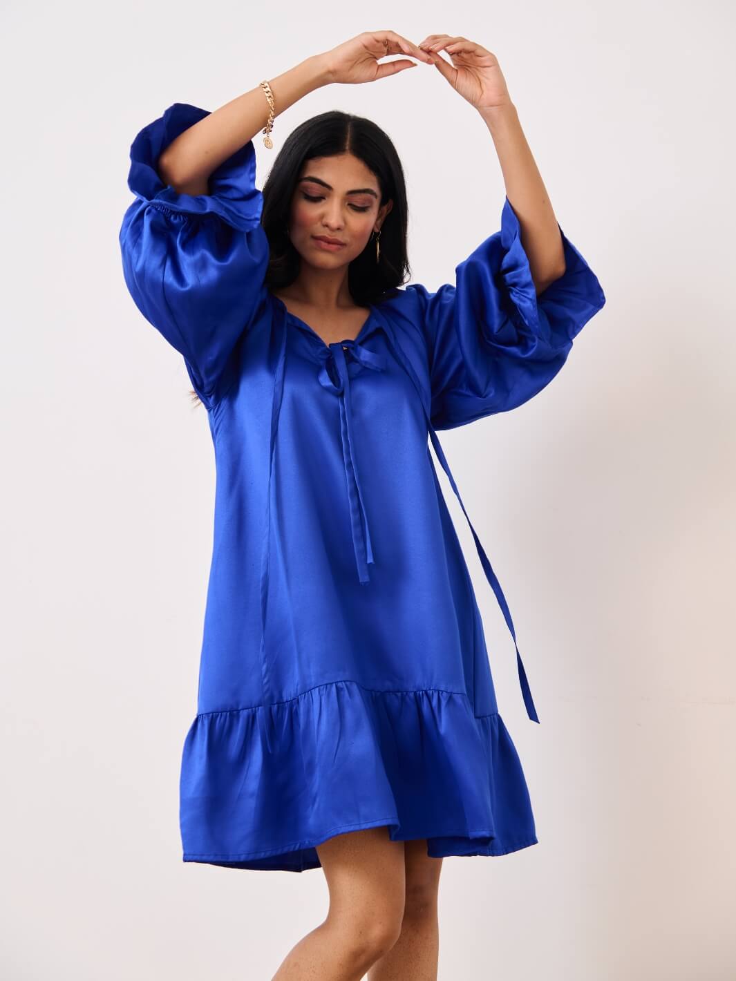 Blue Cotton Satin Short Party Dress with Ruched Sleeves