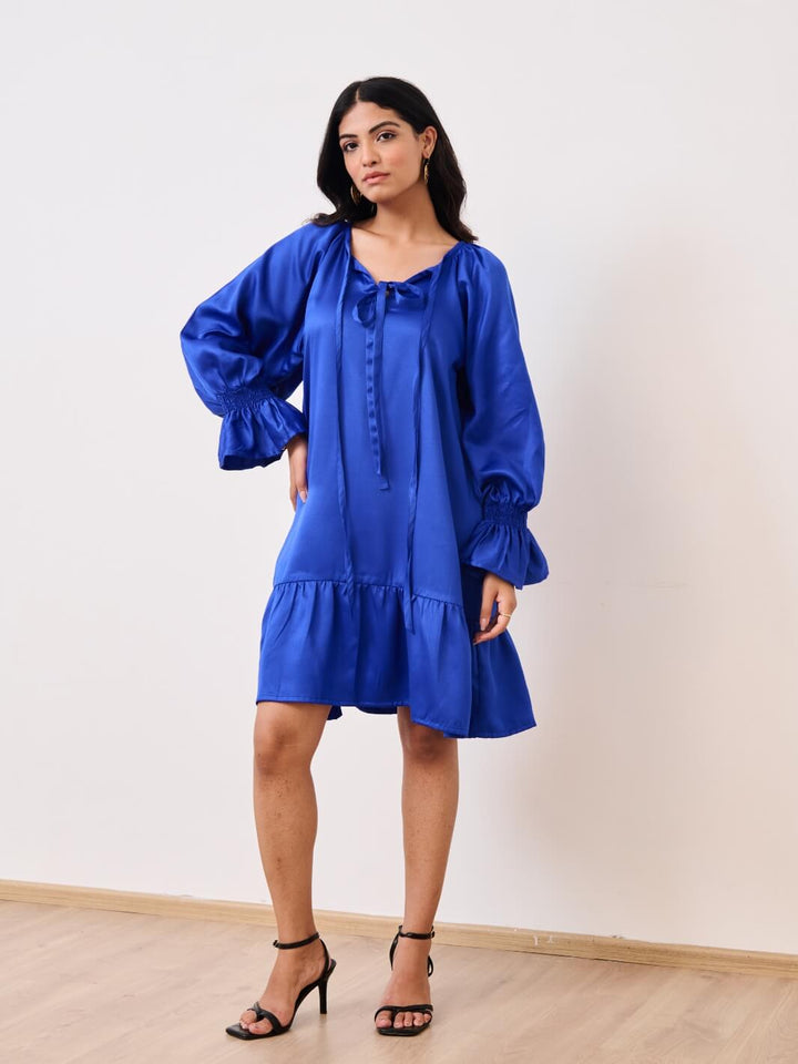 Blue Cotton Satin Short Party Dress with Ruched Sleeves