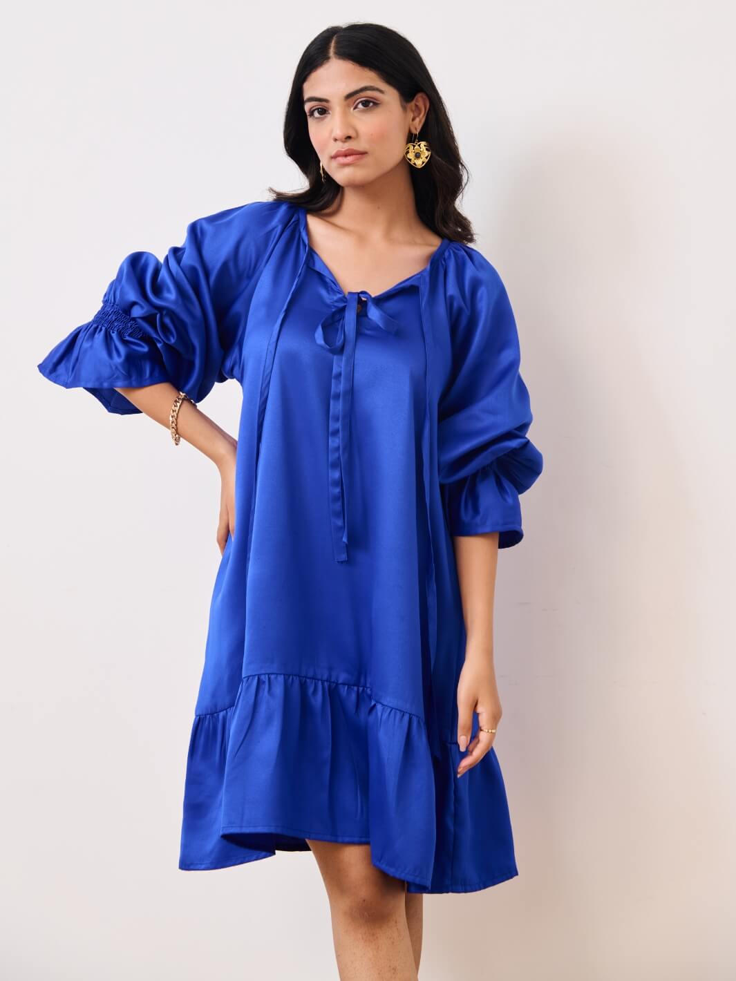 Blue Cotton Satin Short Party Dress with Ruched Sleeves