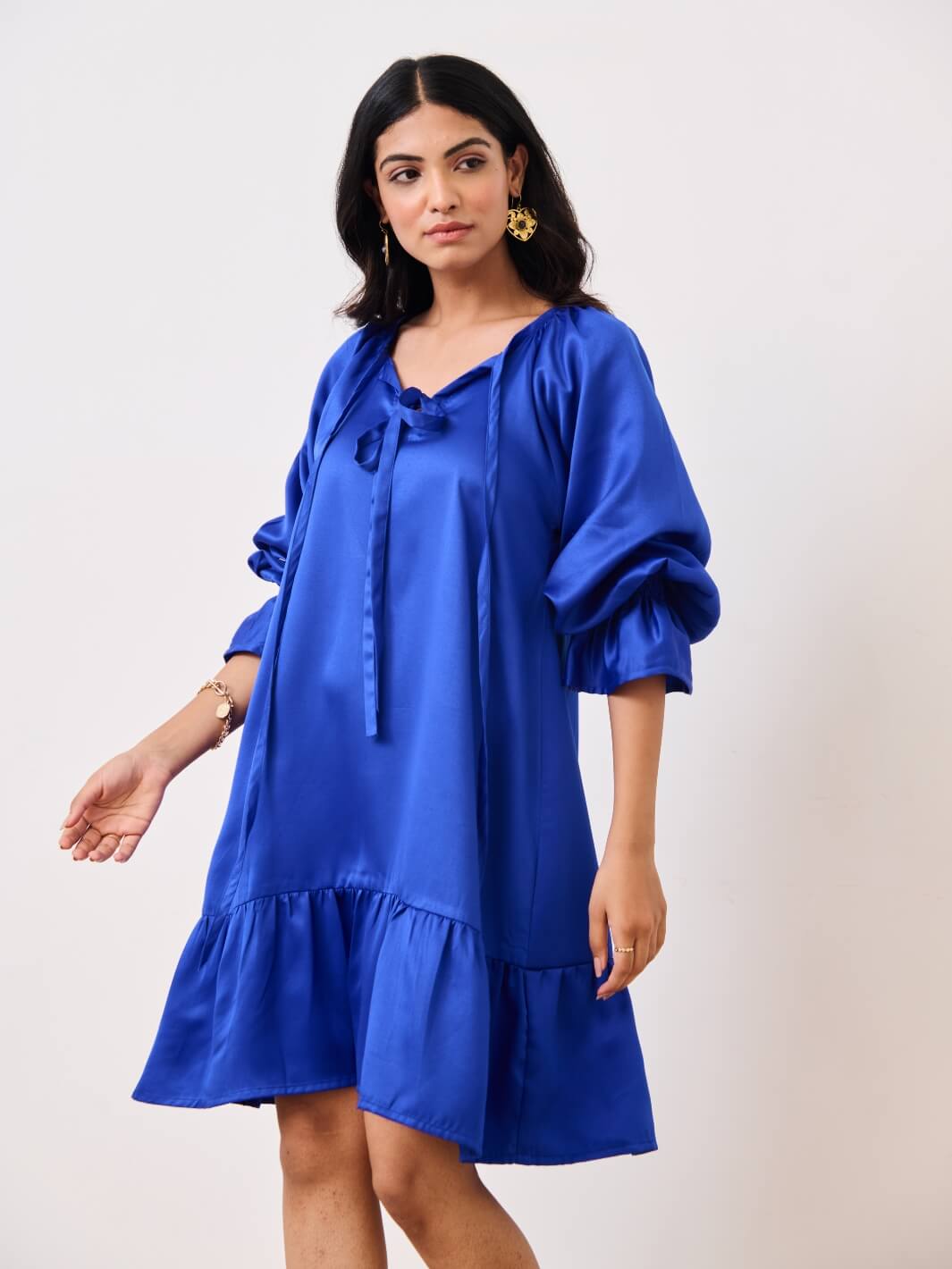 Blue Cotton Satin Short Party Dress with Ruched Sleeves