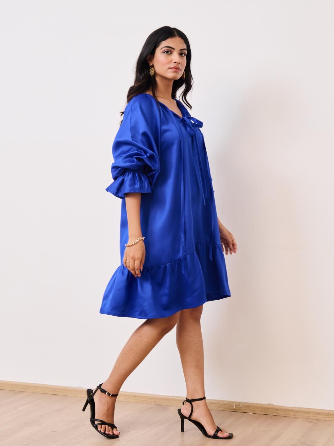 Blue Cotton Satin Short Party Dress with Ruched Sleeves