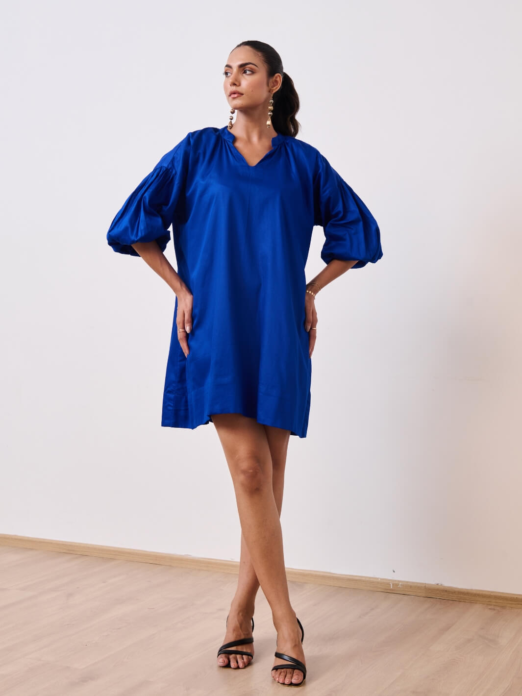 Blue Cotton Satin Short Party Dress with Balloon Sleeves