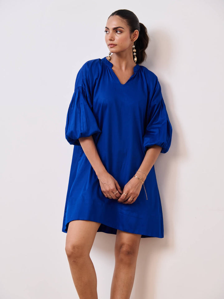 Blue Cotton Satin Short Party Dress with Balloon Sleeves