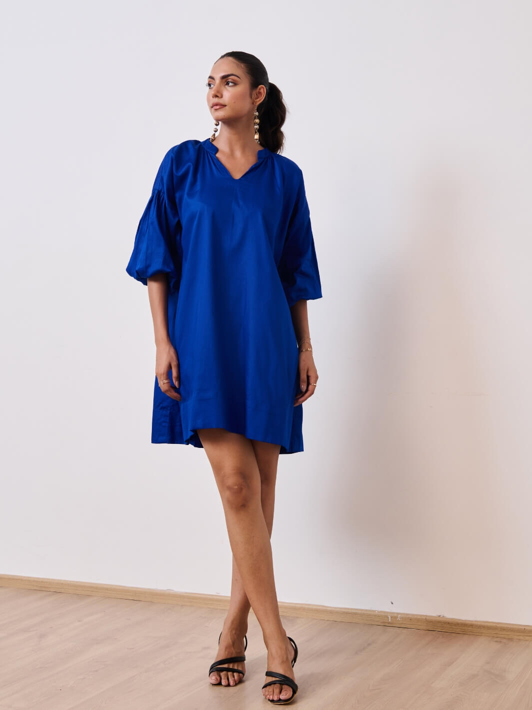 Blue Cotton Satin Short Party Dress with Balloon Sleeves