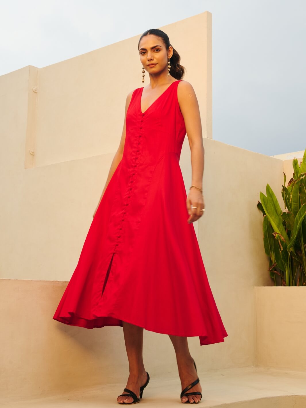 Deep Red Cotton Satin Sleeveless Party Dress