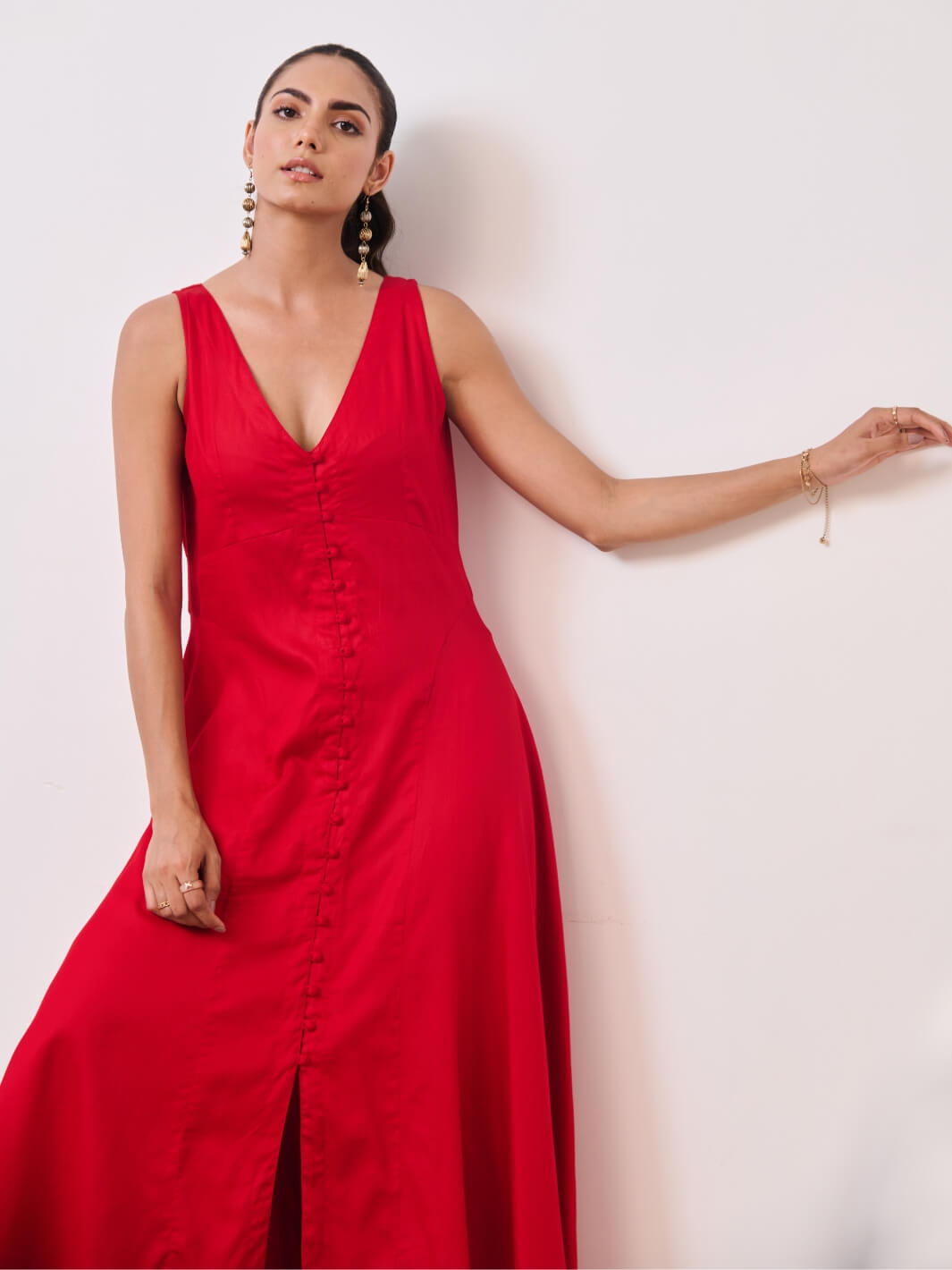 Deep Red Cotton Satin Sleeveless Party Dress