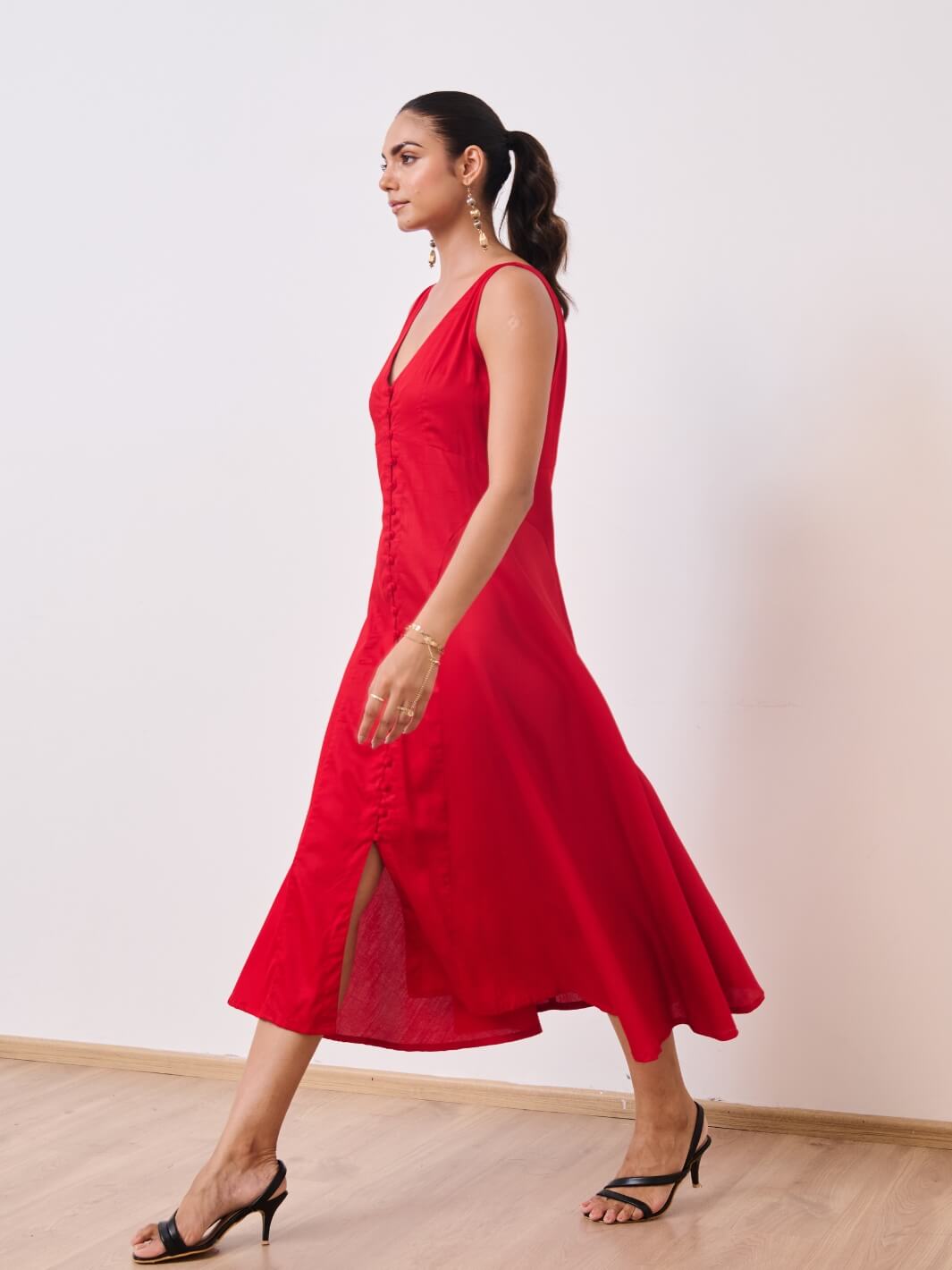 Deep Red Cotton Satin Sleeveless Party Dress