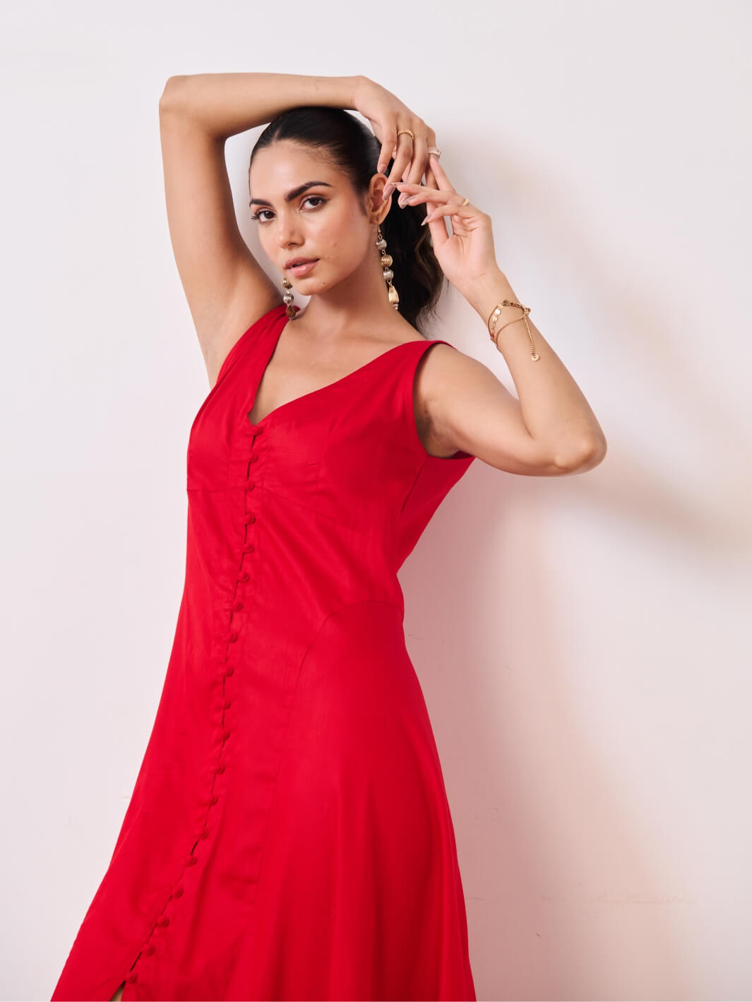 Deep Red Cotton Satin Sleeveless Party Dress