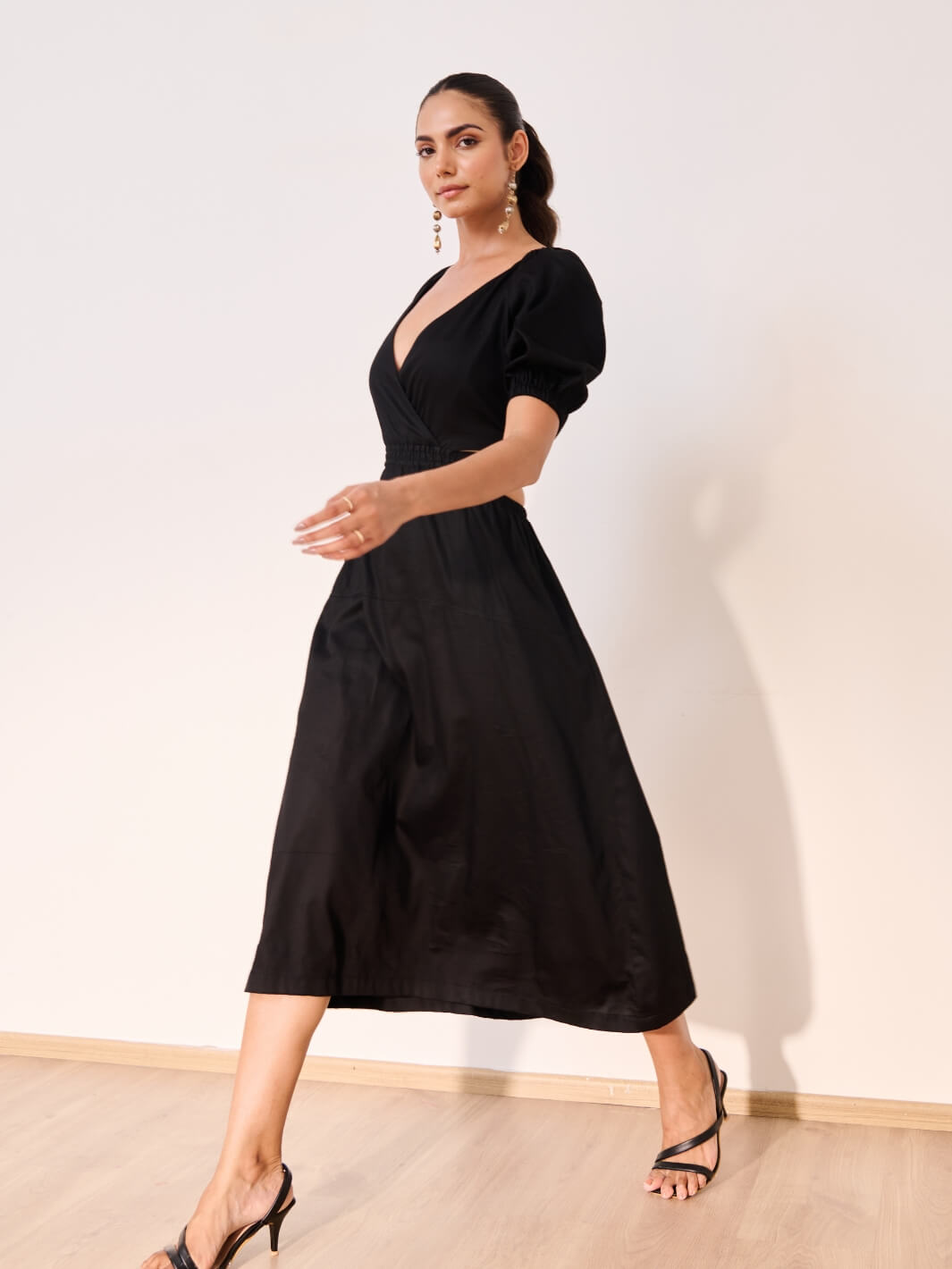 Black Cotton Satin Deep-V Bareback Party Dress