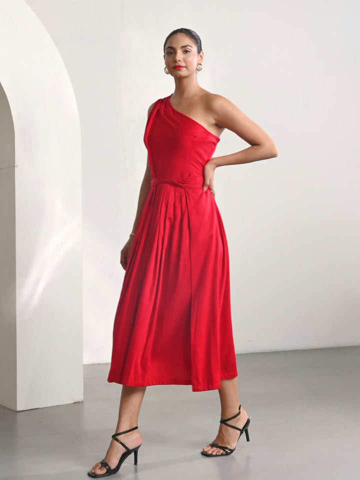 Red Cotton Satin One Shoulder Party Dress