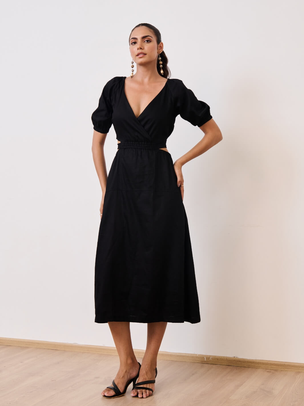 Black Cotton Satin Deep-V Bareback Party Dress