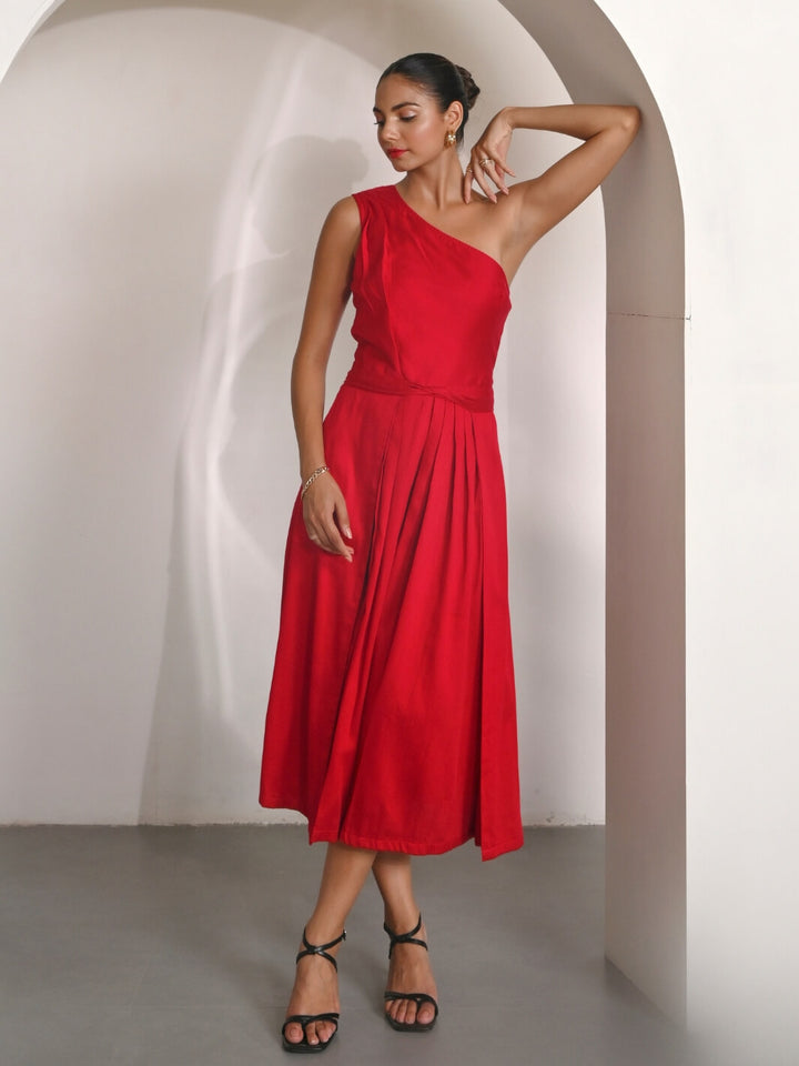 Red Cotton Satin One Shoulder Party Dress