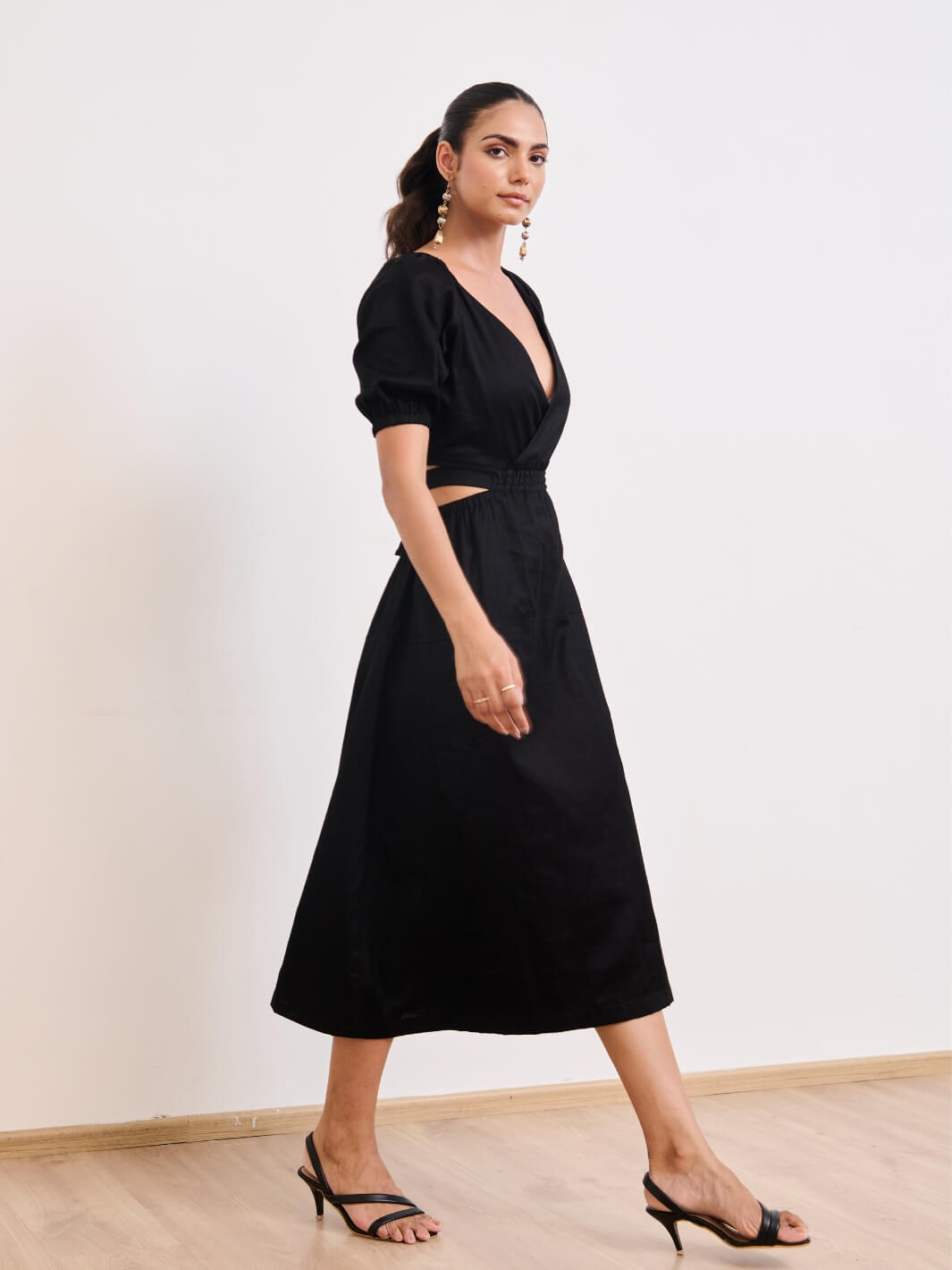 Black Cotton Satin Deep-V Bareback Party Dress