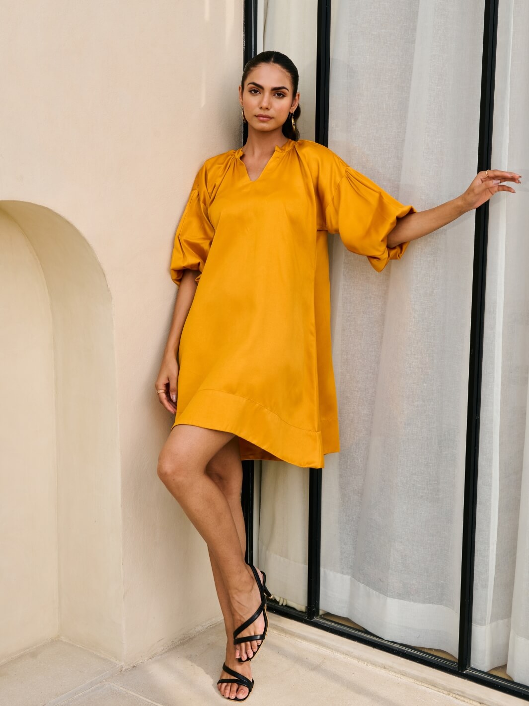 Orange Cotton Satin Short Party Dress with Balloon Sleeves