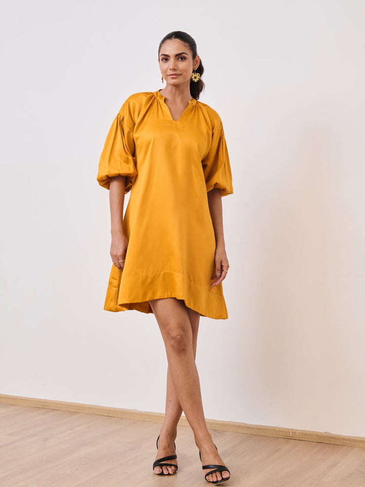 Orange Cotton Satin Short Party Dress with Balloon Sleeves