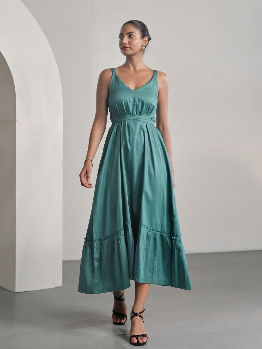 Green Cotton Satin Sleeveless Party Dress