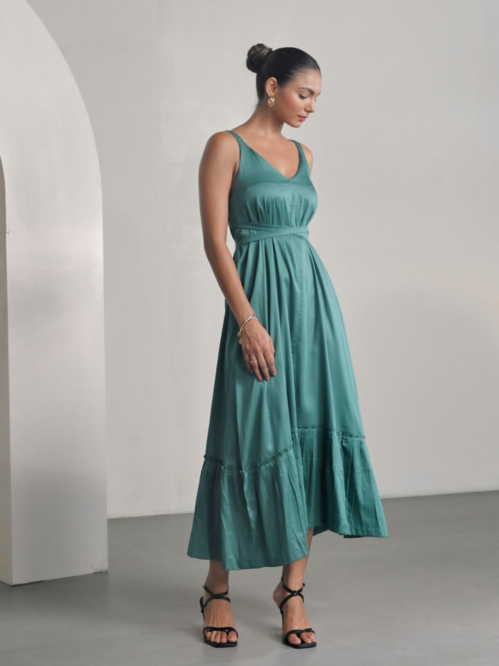 Green Cotton Satin Sleeveless Party Dress