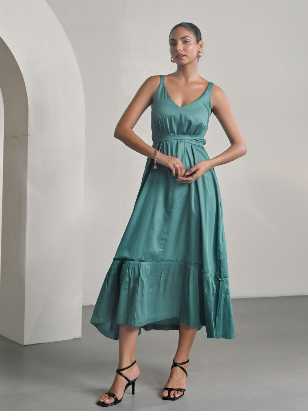 Green Cotton Satin Sleeveless Party Dress