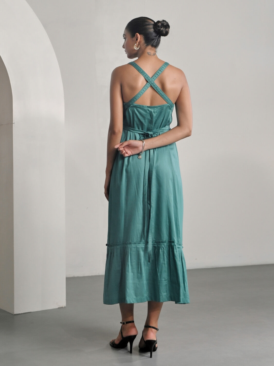 Green Cotton Satin Sleeveless Party Dress