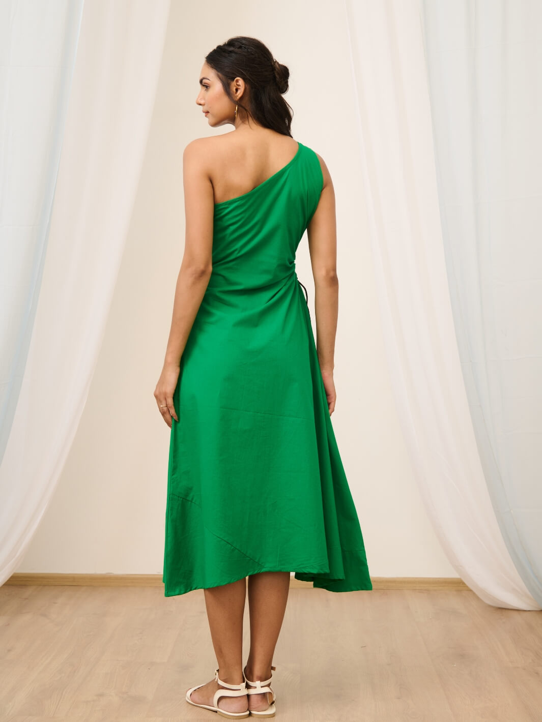 Green One Shoulder Embroidered Floral Dress