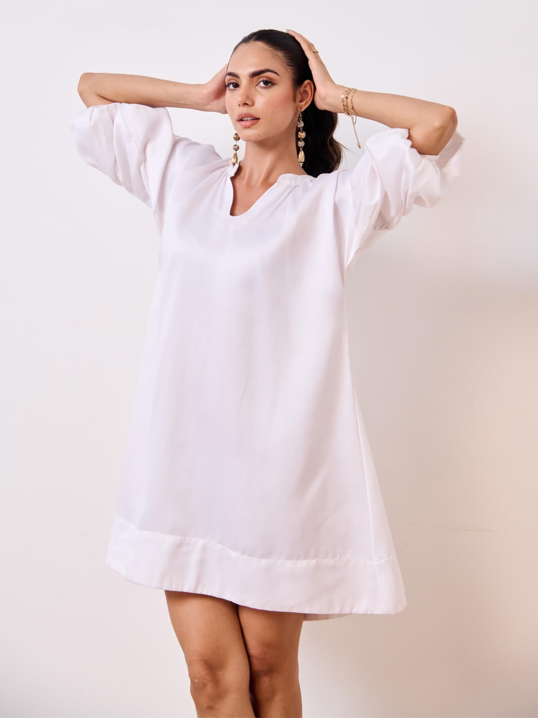 White Cotton Satin Short Party Dress with Balloon Sleeves